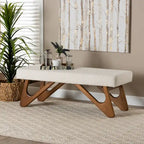 Cream Boucle Upholstered Bench with Boomerang Walnut Legs – Retro Minimalist