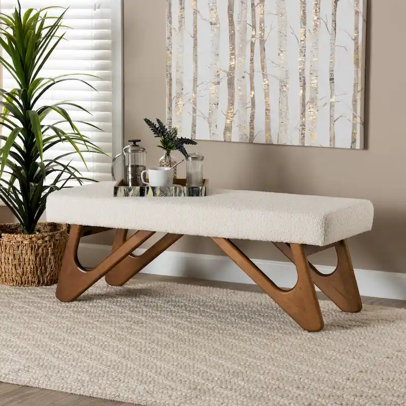 Cream Boucle Upholstered Bench with Boomerang Walnut Legs – Retro Minimalist