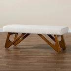 Cream Boucle Upholstered Bench with Boomerang Walnut Legs – Retro Minimalist