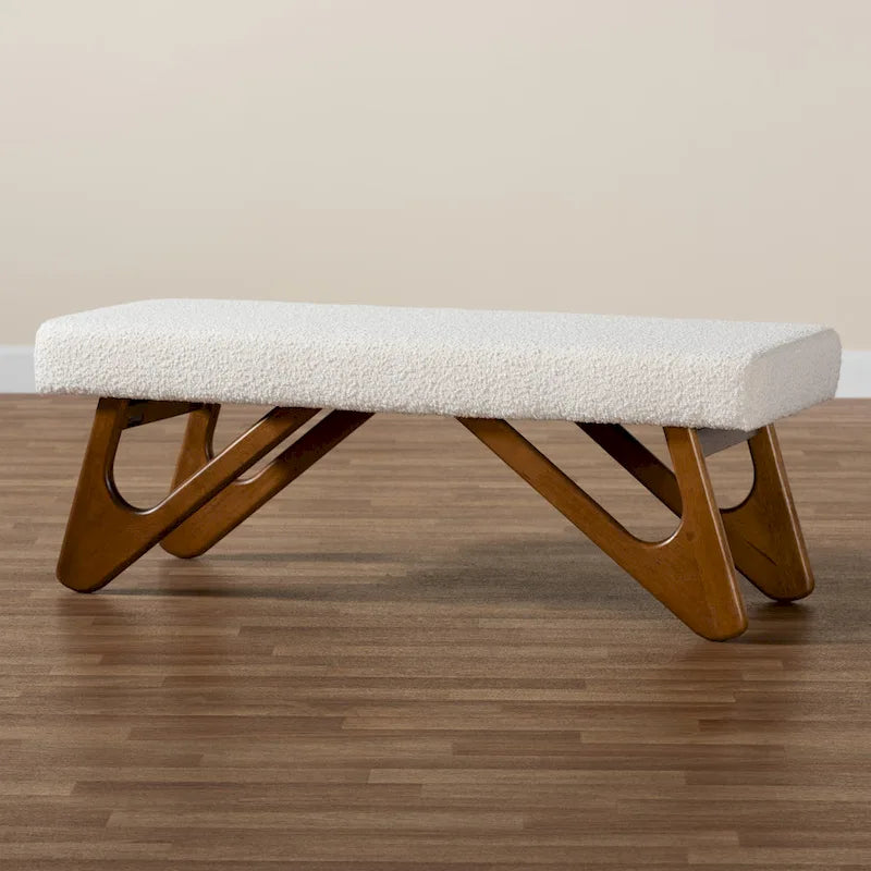 Cream Boucle Upholstered Bench with Boomerang Walnut Legs – Retro Minimalist
