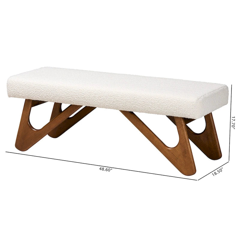Cream Boucle Upholstered Bench with Boomerang Walnut Legs – Retro Minimalist