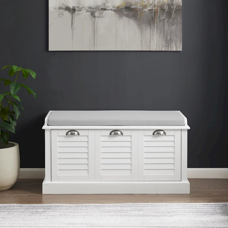 Coastal Entryway Storage Bench with Cushion & Drawer – White Farmhouse Style