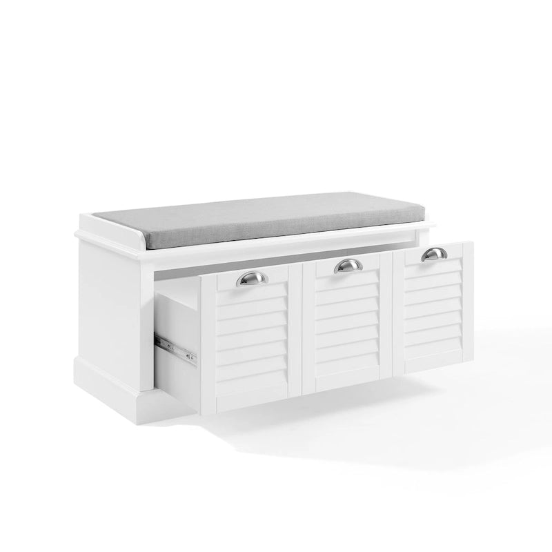 Coastal Entryway Storage Bench with Cushion & Drawer – White Farmhouse Style