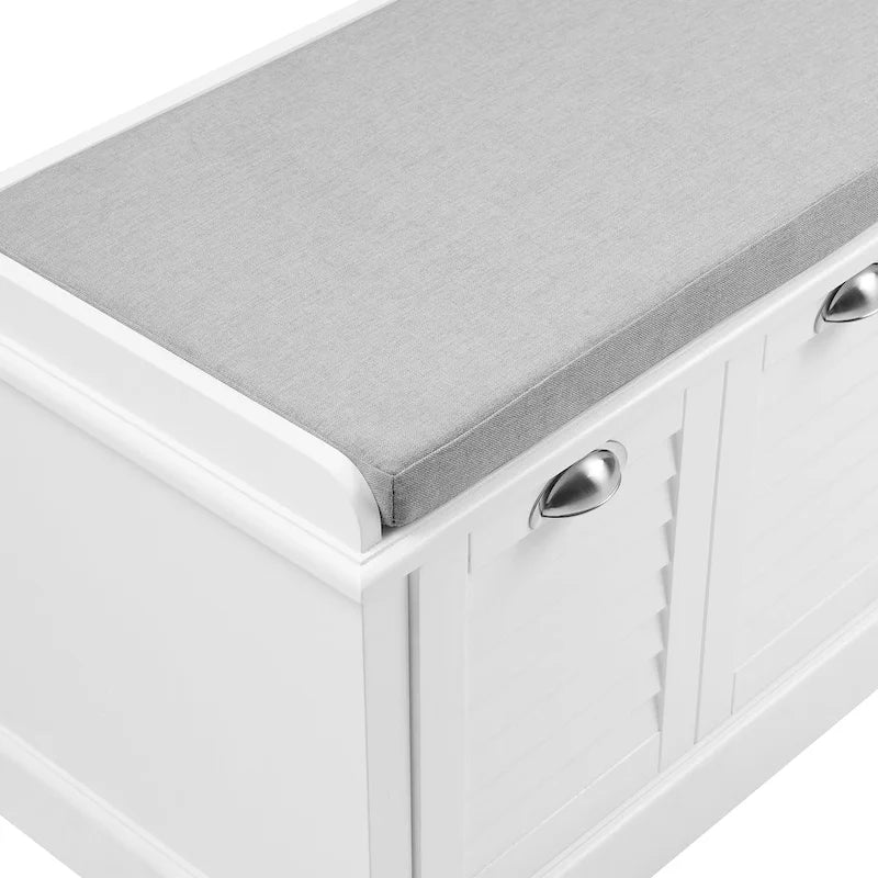 Coastal Entryway Storage Bench with Cushion & Drawer – White Farmhouse Style
