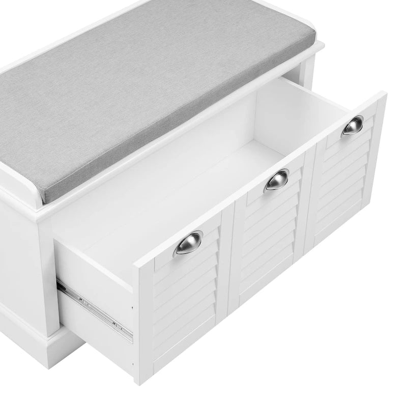 Coastal Entryway Storage Bench with Cushion & Drawer – White Farmhouse Style