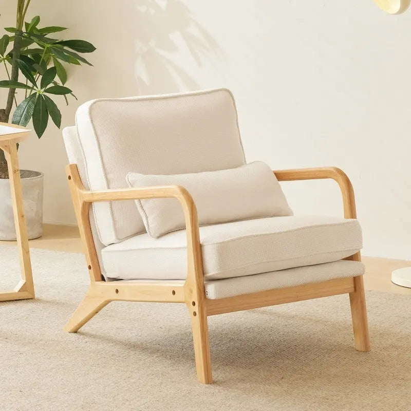 Fauteuil d'appoint rembourré en mélange de lin grossier avec pieds en bois et un oreiller