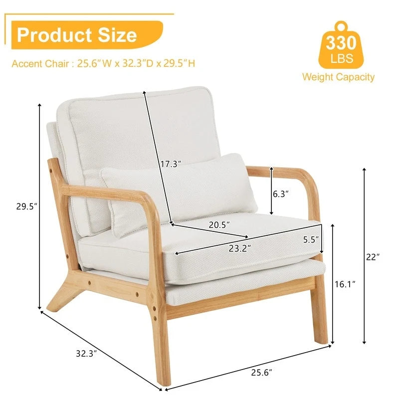 Fauteuil d'appoint rembourré en mélange de lin grossier avec pieds en bois et un oreiller