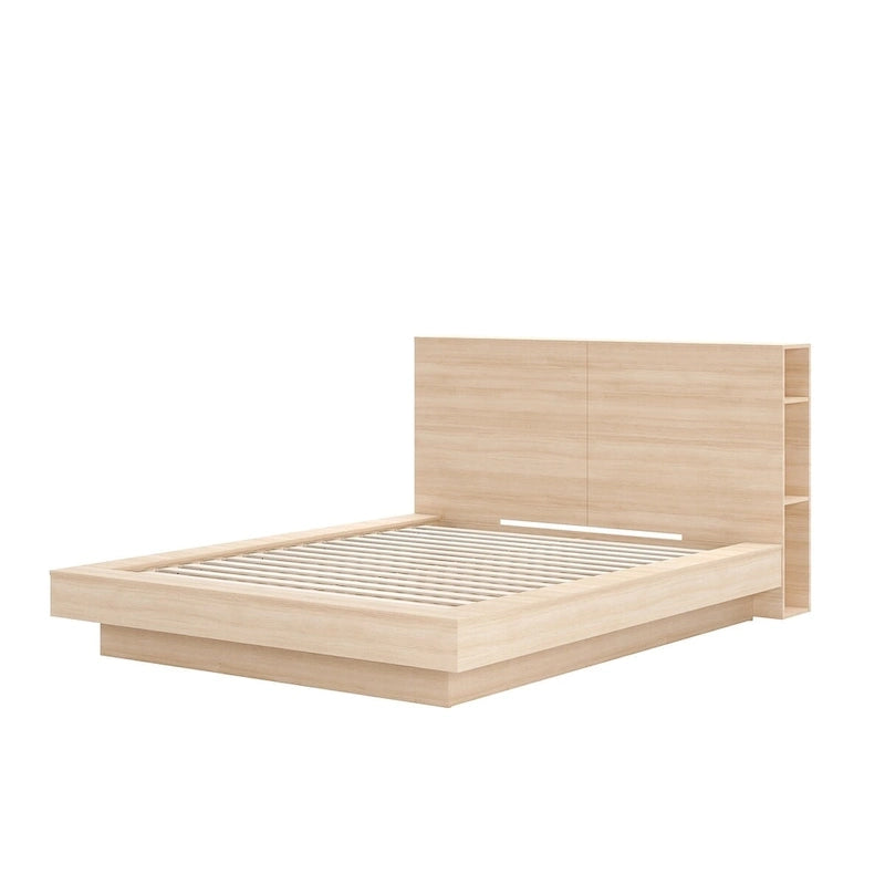 Oak Platform Bed with Storage Headboard – 6 Shelves, No Box Spring Needed