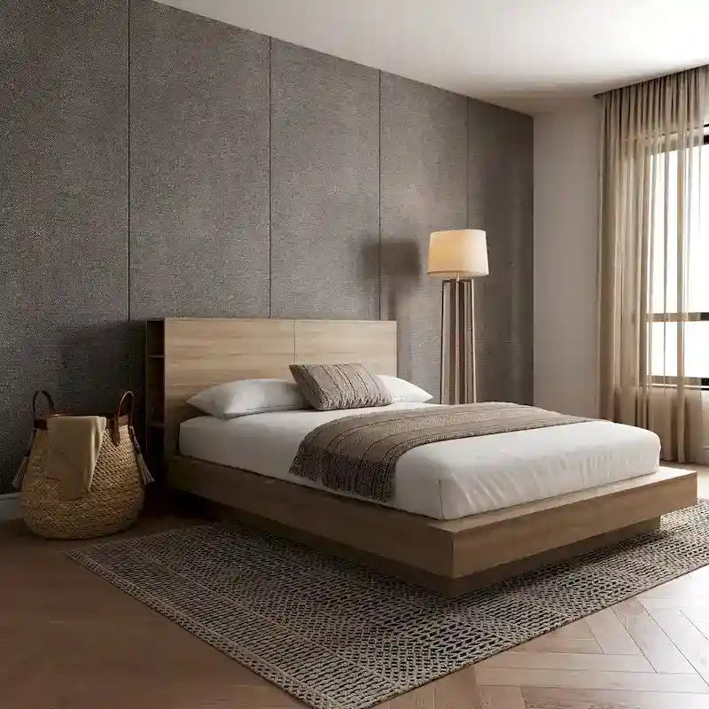 Oak Platform Bed with Storage Headboard – 6 Shelves, No Box Spring Needed