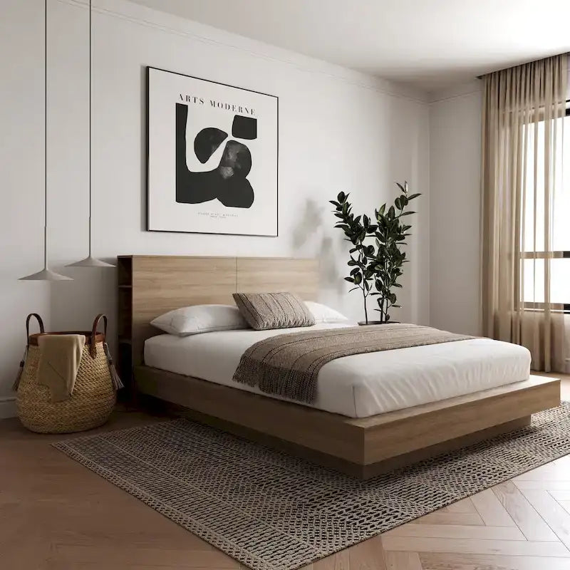 Oak Platform Bed with Storage Headboard – 6 Shelves, No Box Spring Needed