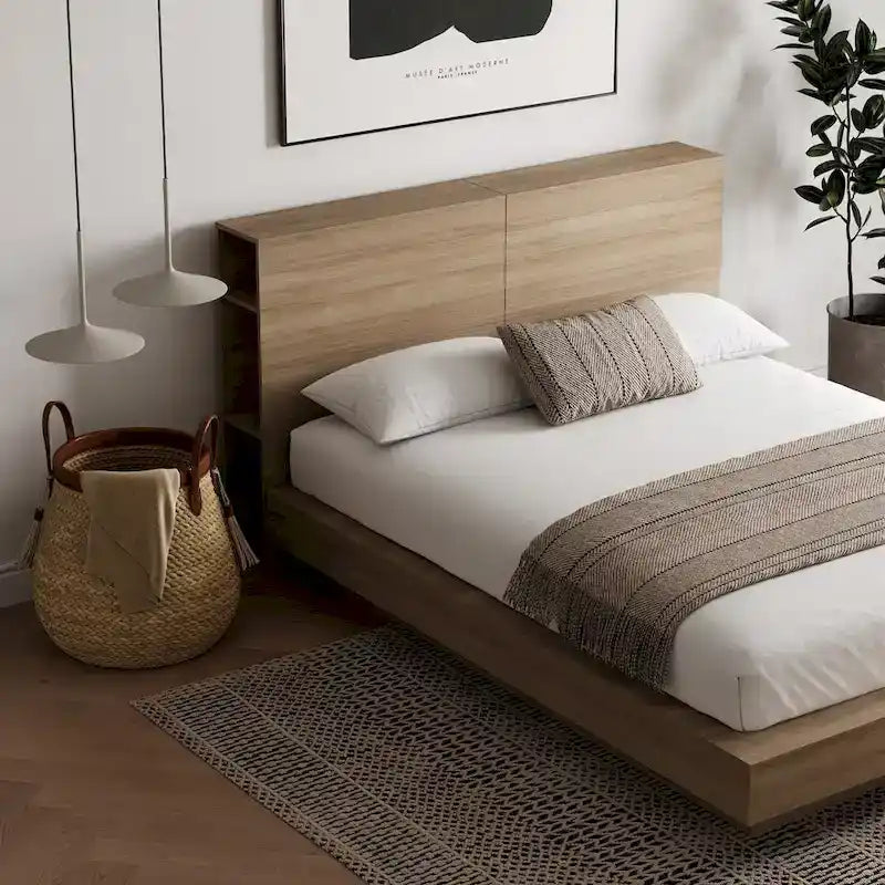 Oak Platform Bed with Storage Headboard – 6 Shelves, No Box Spring Needed