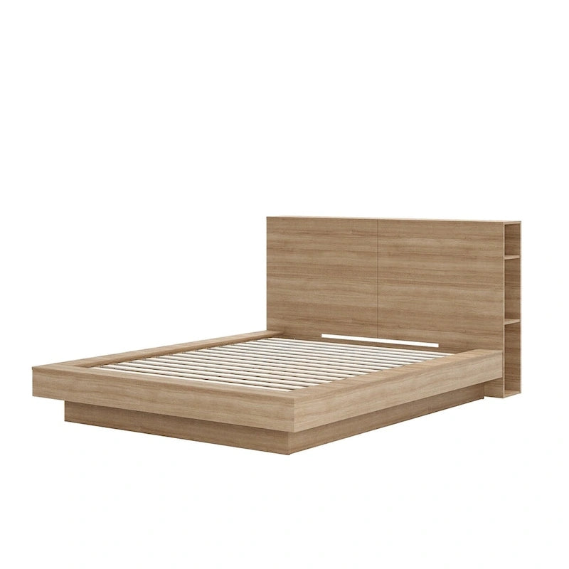 Oak Platform Bed with Storage Headboard – 6 Shelves, No Box Spring Needed