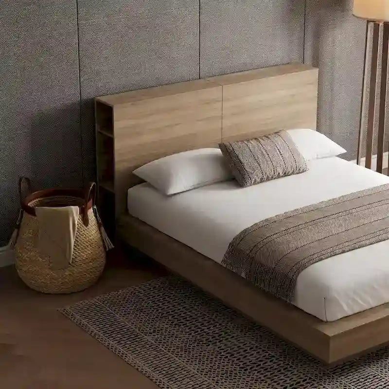 Oak Platform Bed with Storage Headboard – 6 Shelves, No Box Spring Needed
