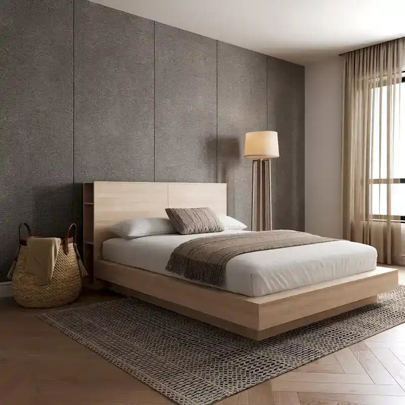 Oak Platform Bed with Storage Headboard – 6 Shelves, No Box Spring Needed
