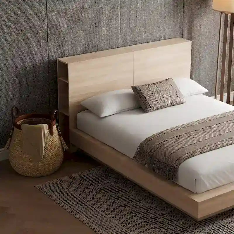 Oak Platform Bed with Storage Headboard – 6 Shelves, No Box Spring Needed