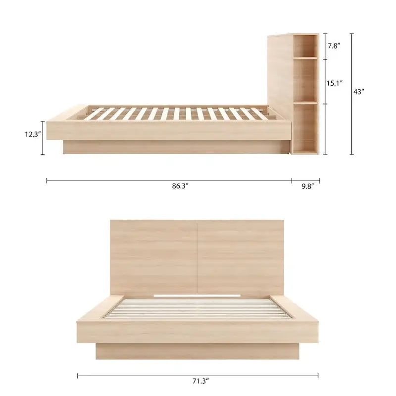 Oak Platform Bed with Storage Headboard – 6 Shelves, No Box Spring Needed