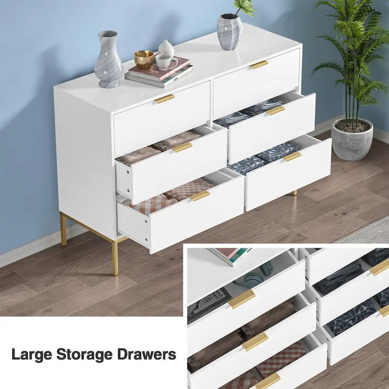 Modern 6-Drawer Double Dresser in White & Gold – Metal Legs & Smooth Glides
