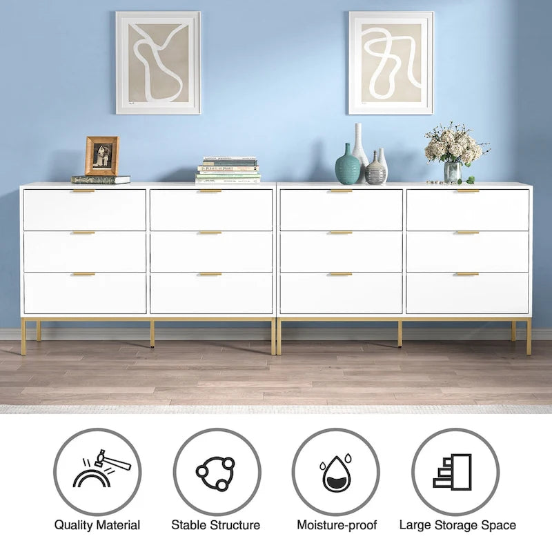 Modern 6-Drawer Double Dresser in White & Gold – Metal Legs & Smooth Glides