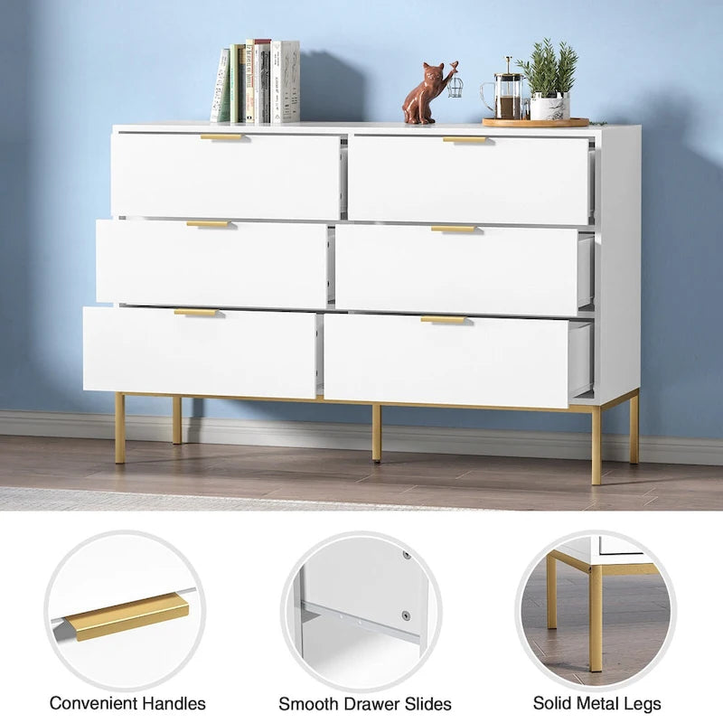 Modern 6-Drawer Double Dresser in White & Gold – Metal Legs & Smooth Glides