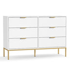 Commode double moderne 6 tiroirs blanc et or – Pieds en métal et coulisses lisses
