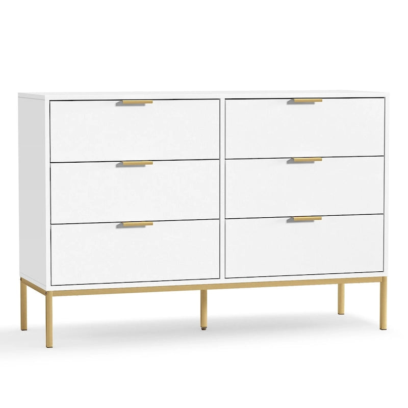 Modern 6-Drawer Double Dresser in White & Gold – Metal Legs & Smooth Glides