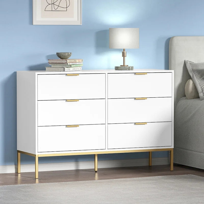 Commode double moderne 6 tiroirs blanc et or – Pieds en métal et coulisses lisses