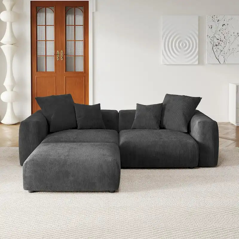 Comfy Corduroy Upholstered Deep Seat Sofa & Couch With Wood Legs and 4 Pillows
