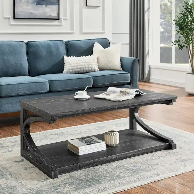 Table basse unique en bois massif avec étagère de rangement