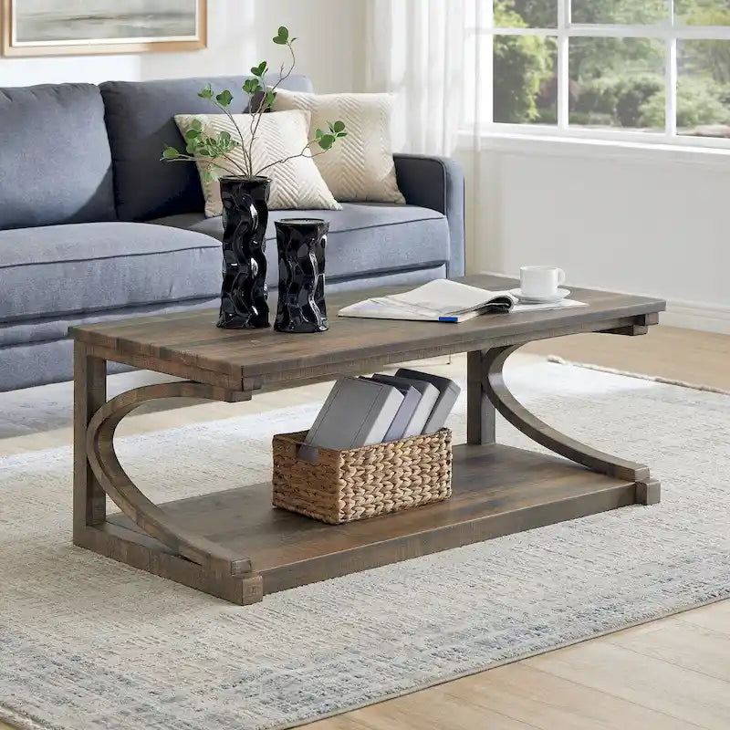 Table basse unique en bois massif avec étagère de rangement