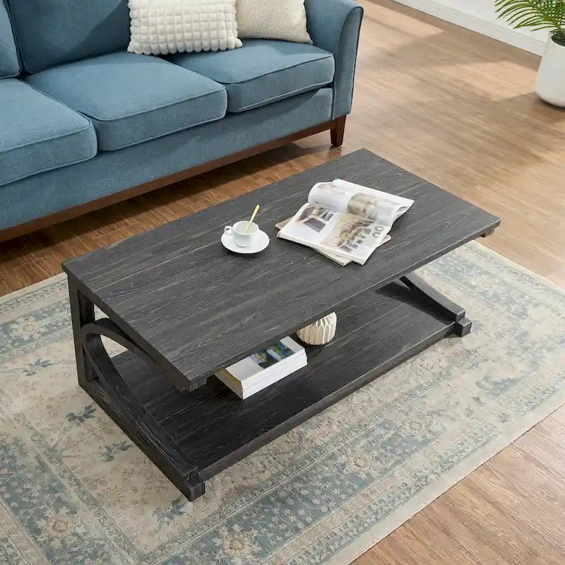 Table basse unique en bois massif avec étagère de rangement