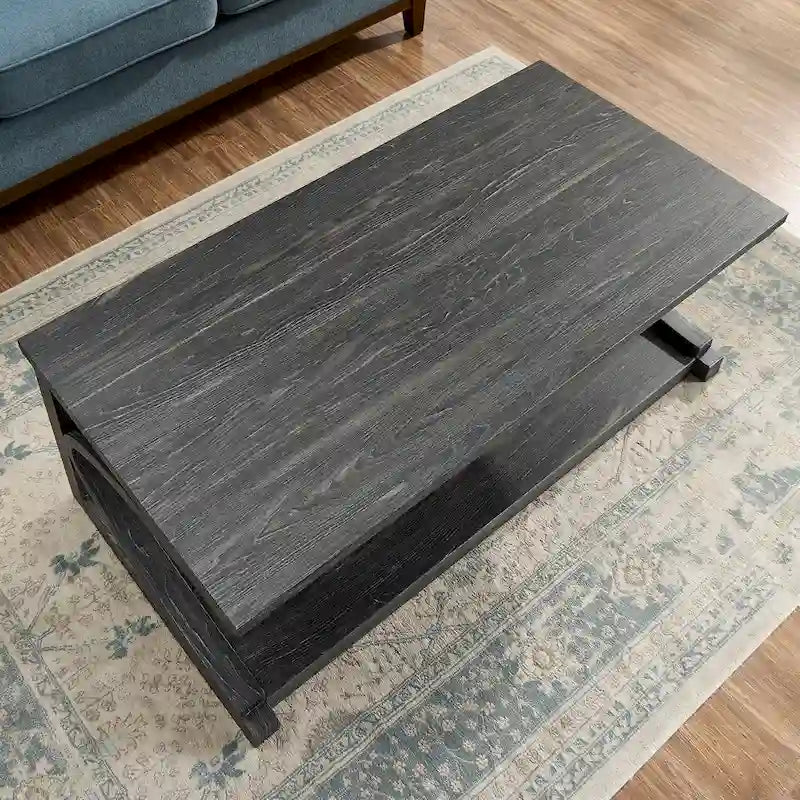 Table basse unique en bois massif avec étagère de rangement