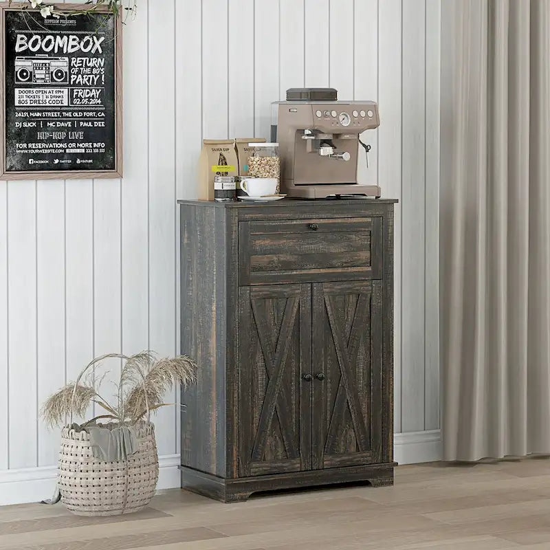 Farmhouse Barn Door Accent Cabinet with Drawer & Adjustable Shelf