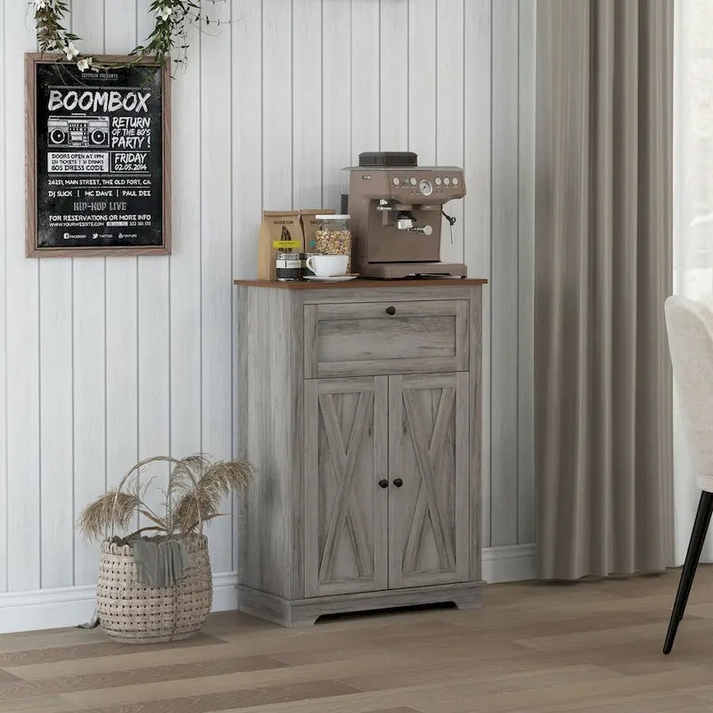 Farmhouse Barn Door Accent Cabinet with Drawer & Adjustable Shelf