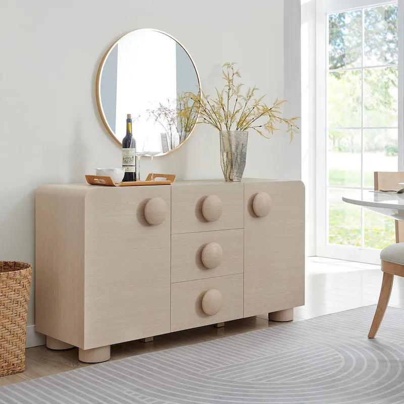 57" Retro Curved Sideboard Storage Cabinet with Drawers & Adjustable Shelves