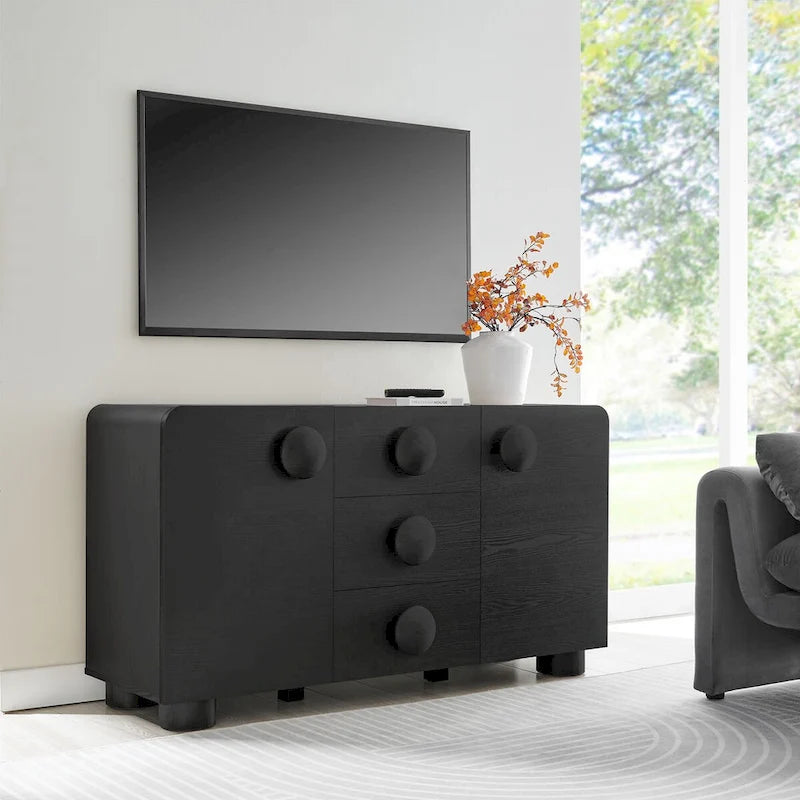 57" Retro Curved Sideboard Storage Cabinet with Drawers & Adjustable Shelves
